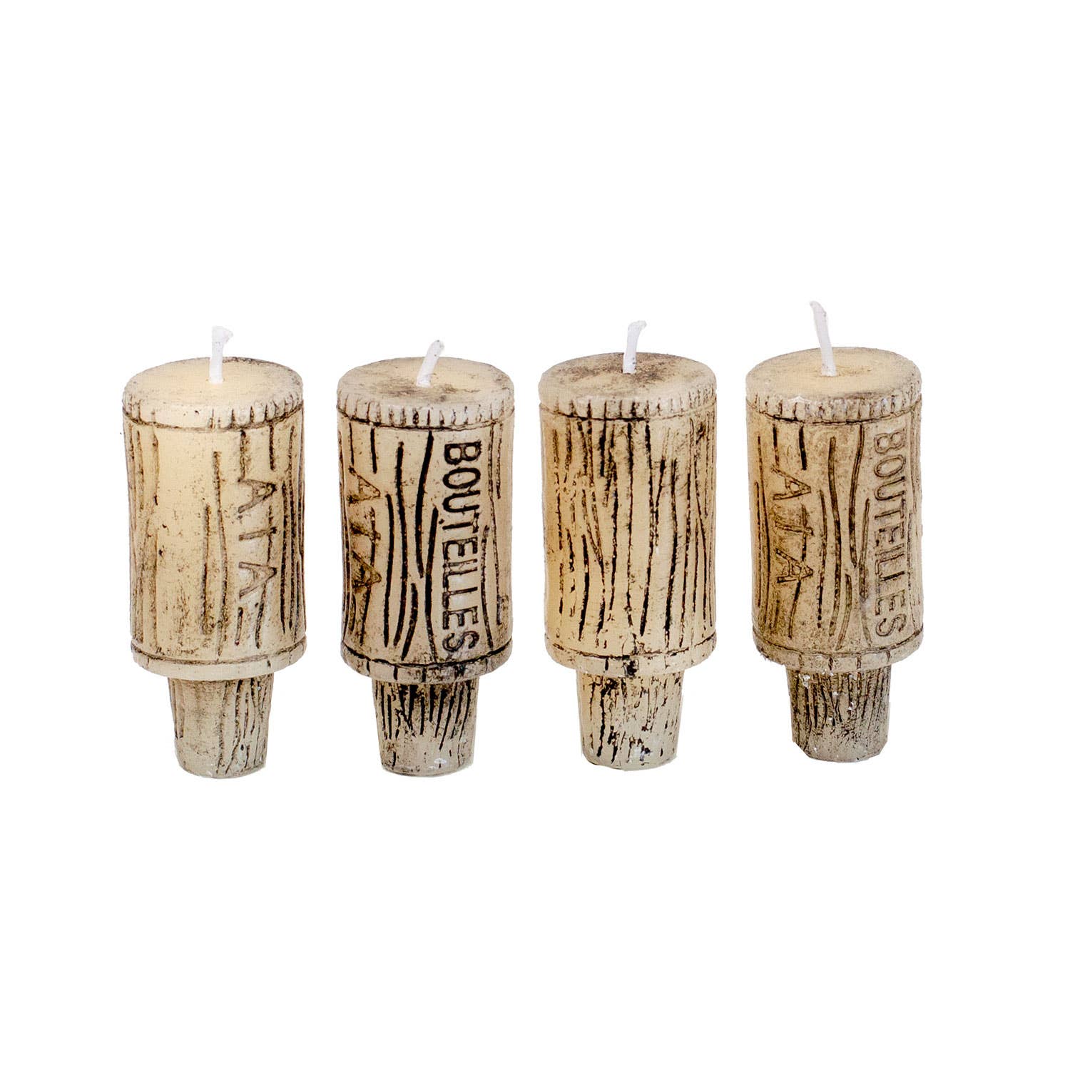 Four candle shaped like wine bottle corks on a white background