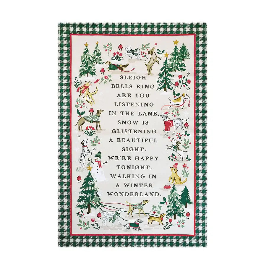 Christmas-themed tea towel with a winter scene and poem on a white background