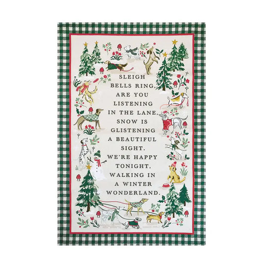 Christmas-themed tea towel with a winter scene and poem on a white background