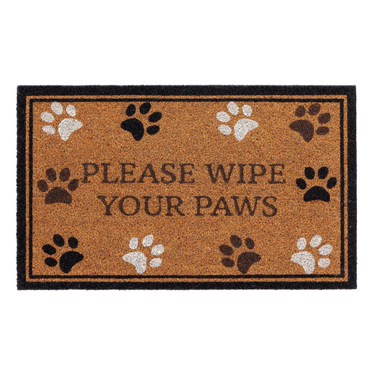Doormat with paw prints and text 'Please Wipe Your Paws' on a white background