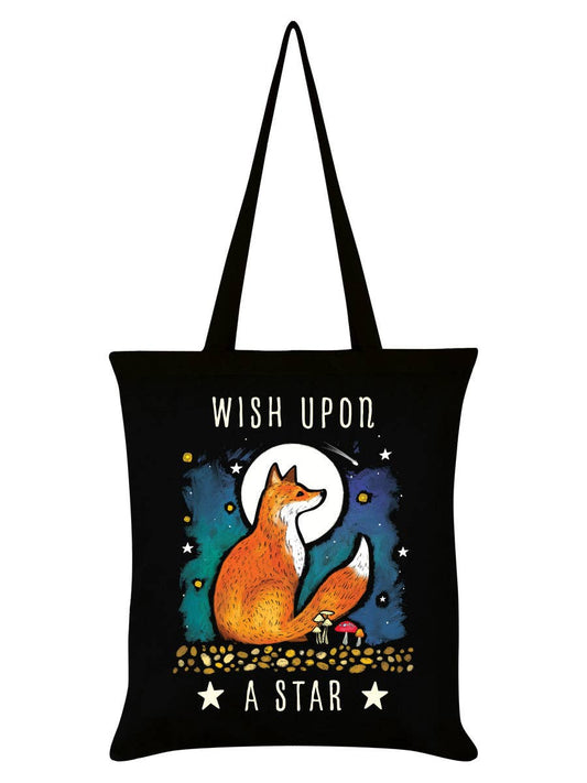 Black tote bag with fox design and 'Wish Upon a Star' text on a white background