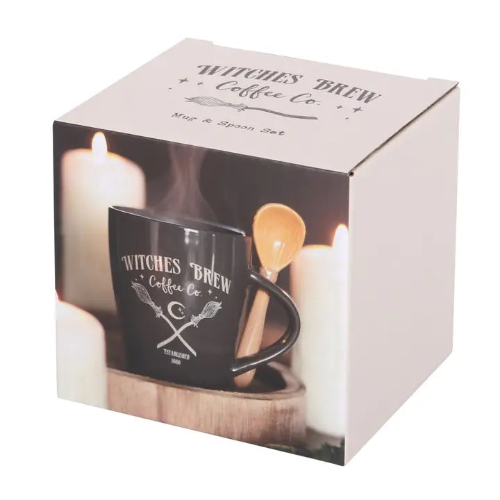 Mug and spoon set packaging with 'Witches Brew Coffee Co.' branding.