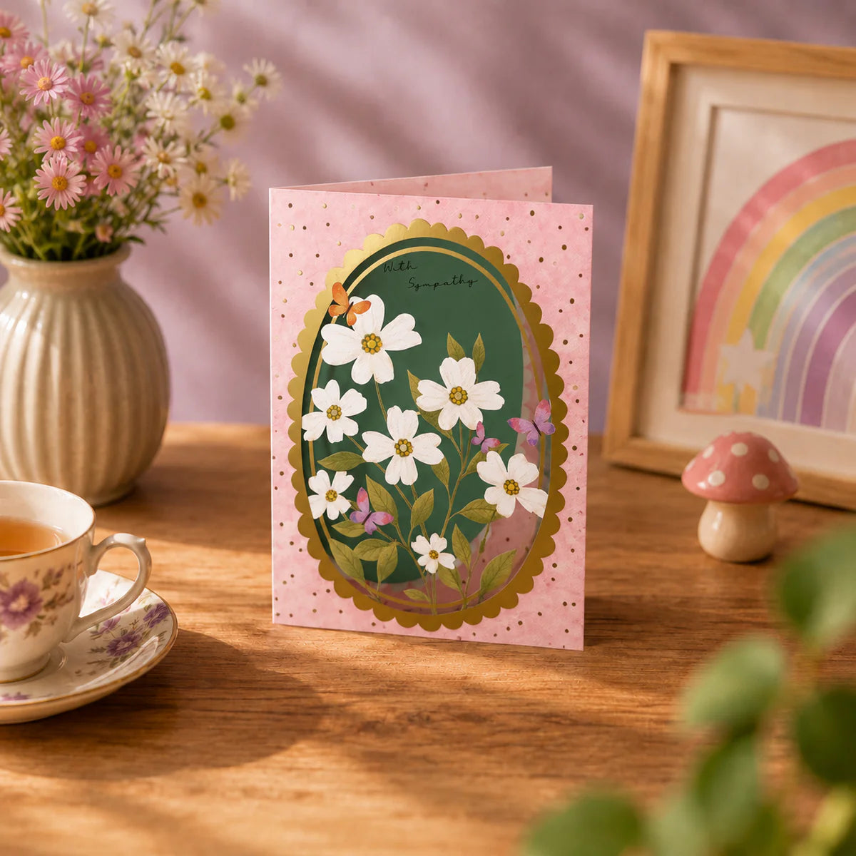 A pink greeting card with a scalloped gold border and a central green oval featuring white flowers, set on a wooden table with a teacup, flowers, and a framed rainbow in the background.