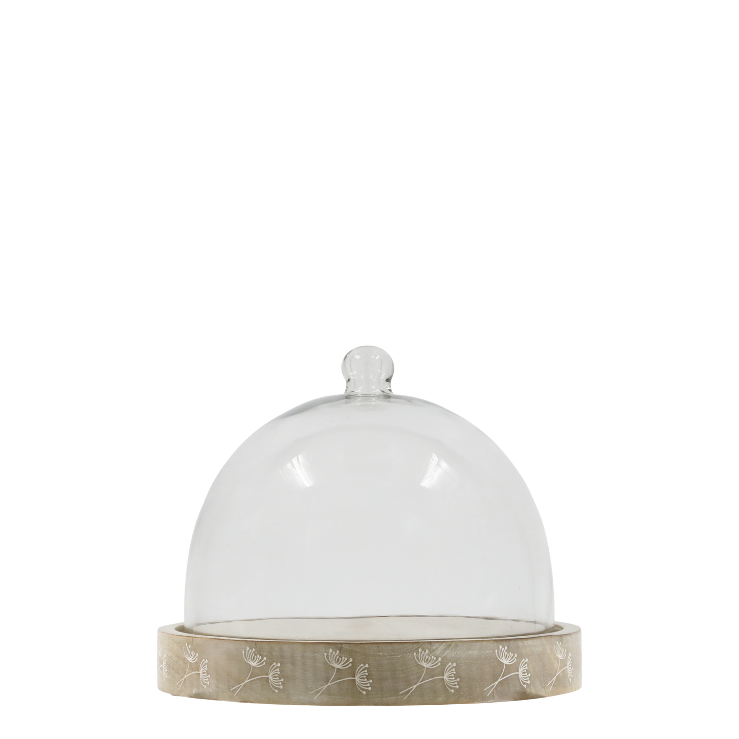 Clear glass cloche with beige base on a white background