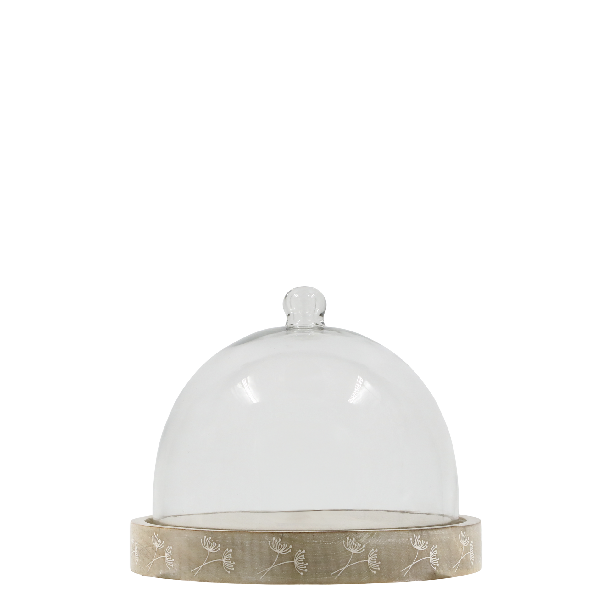 Clear glass cloche with beige base on a white background