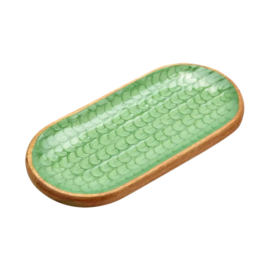 Green ceramic tray with wooden rim on a white background