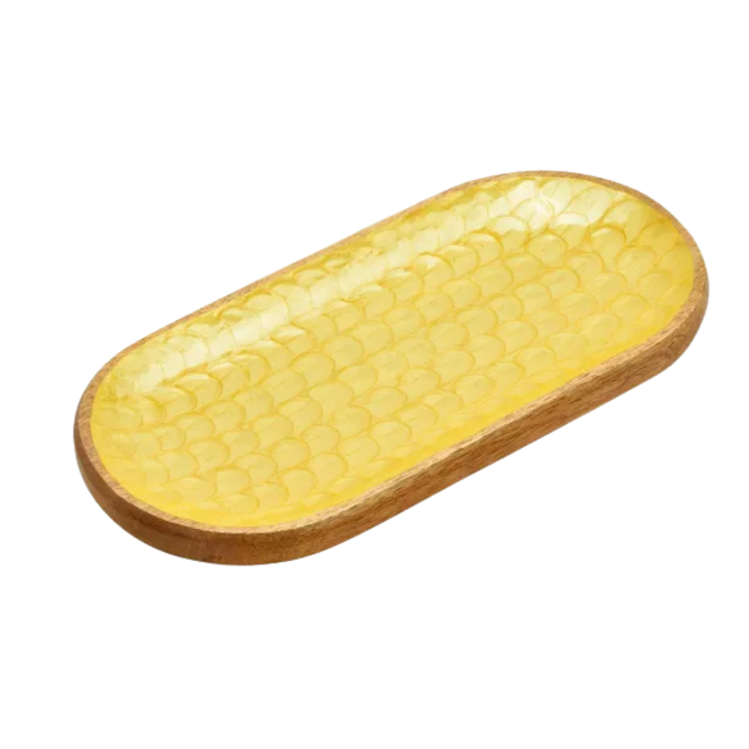 Yellow honeycomb-patterned tray with wooden border on a white background