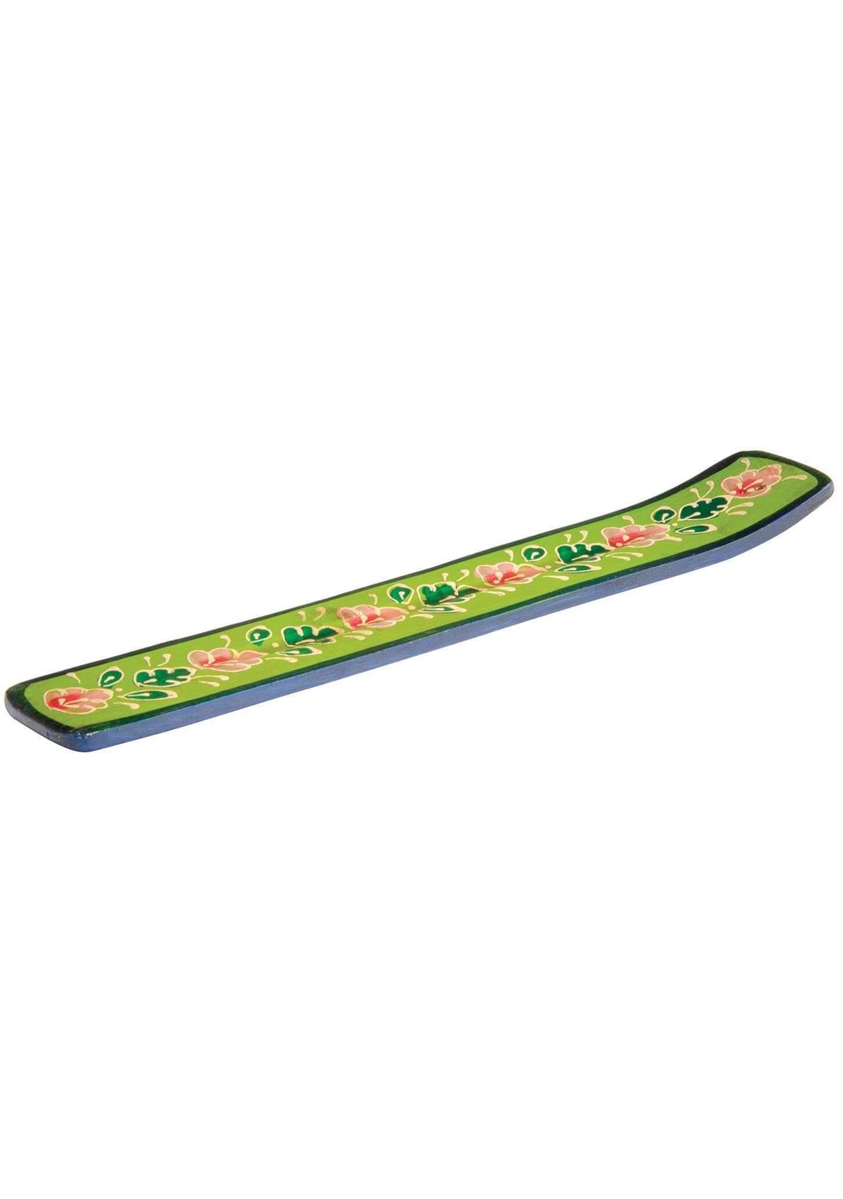 An incense holder featuring a green background decorated with pink flowers and green leaves, and a dark blue border.
