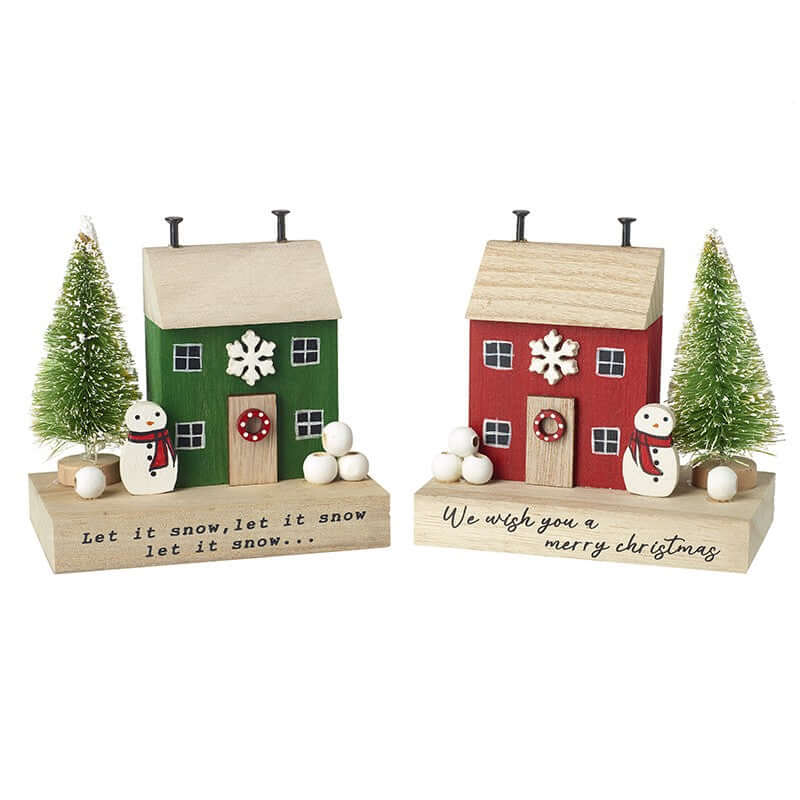 Two Christmas-themed wooden houses with snowmen and trees on a white background