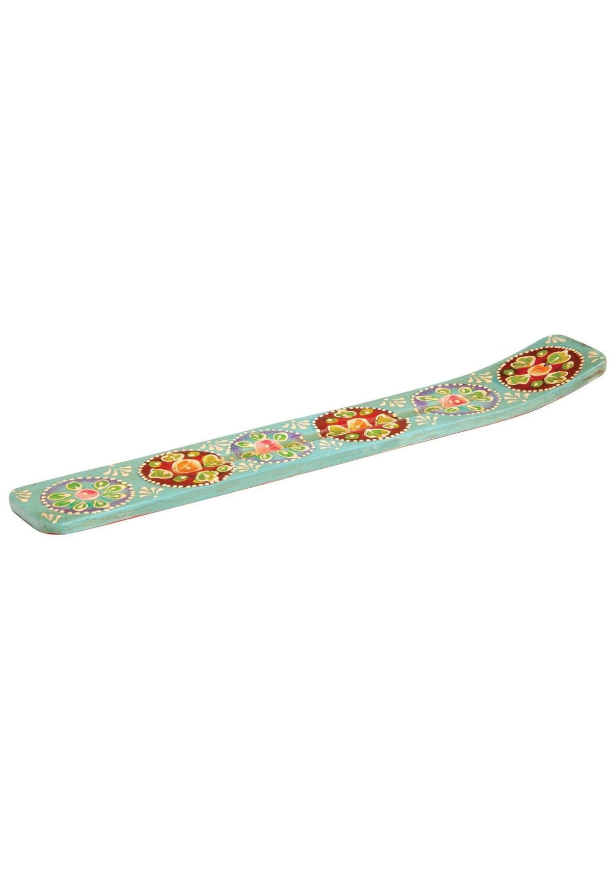 Turquoise blue incense holder with colorful floral and geometric patterns, shown on a white background