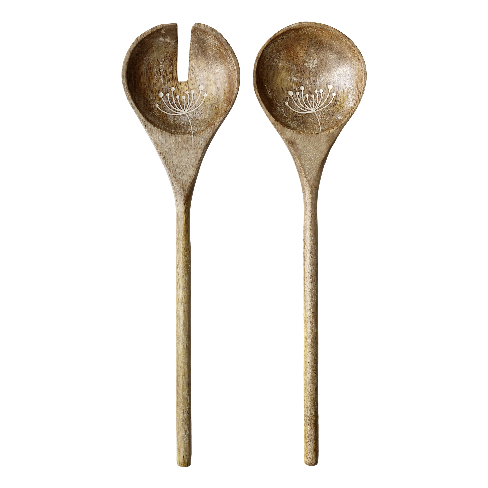 Pair of wooden salad servers with engraved designs on a white background