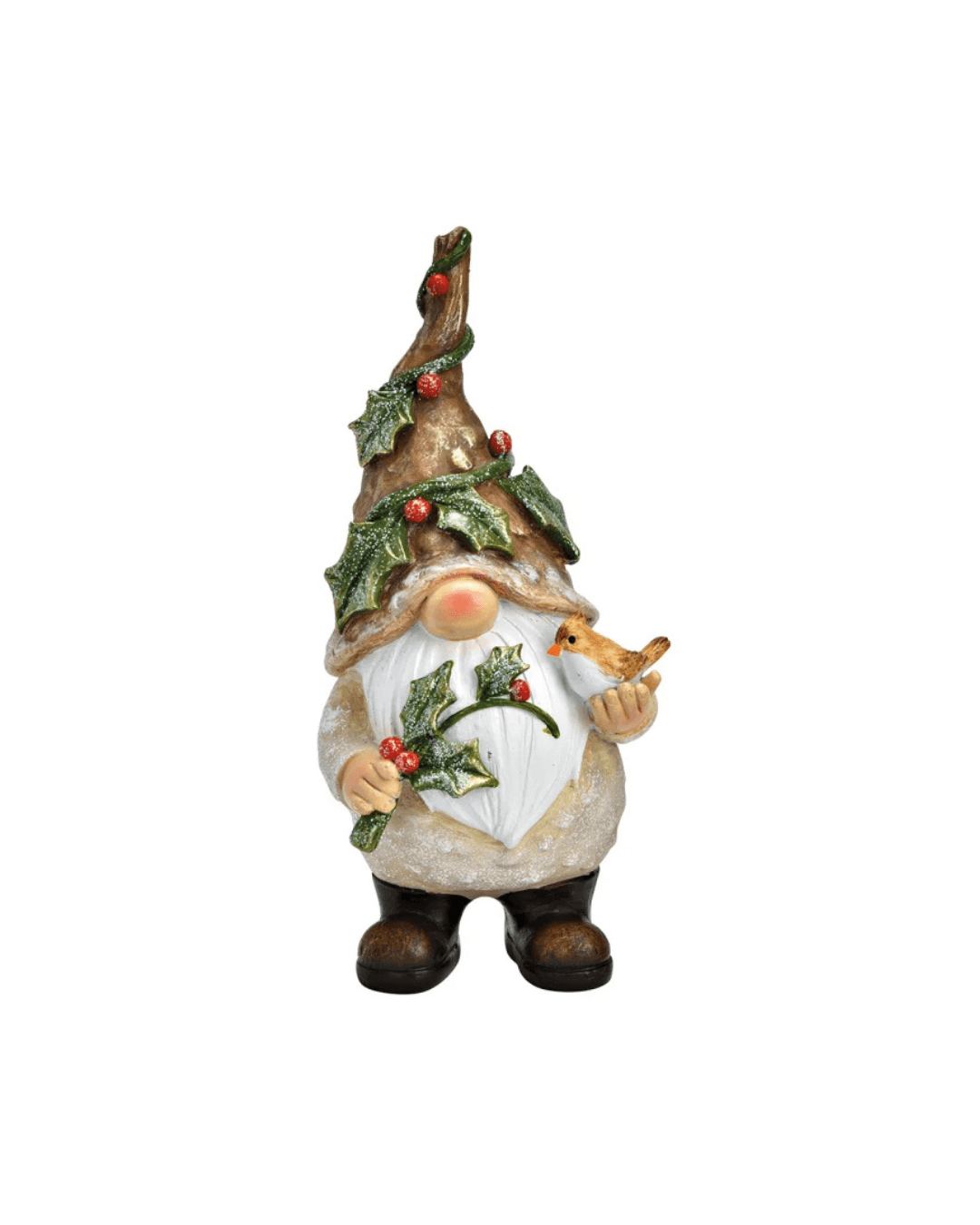 Decorative gnome figure with a hat and holly leaves on a white background