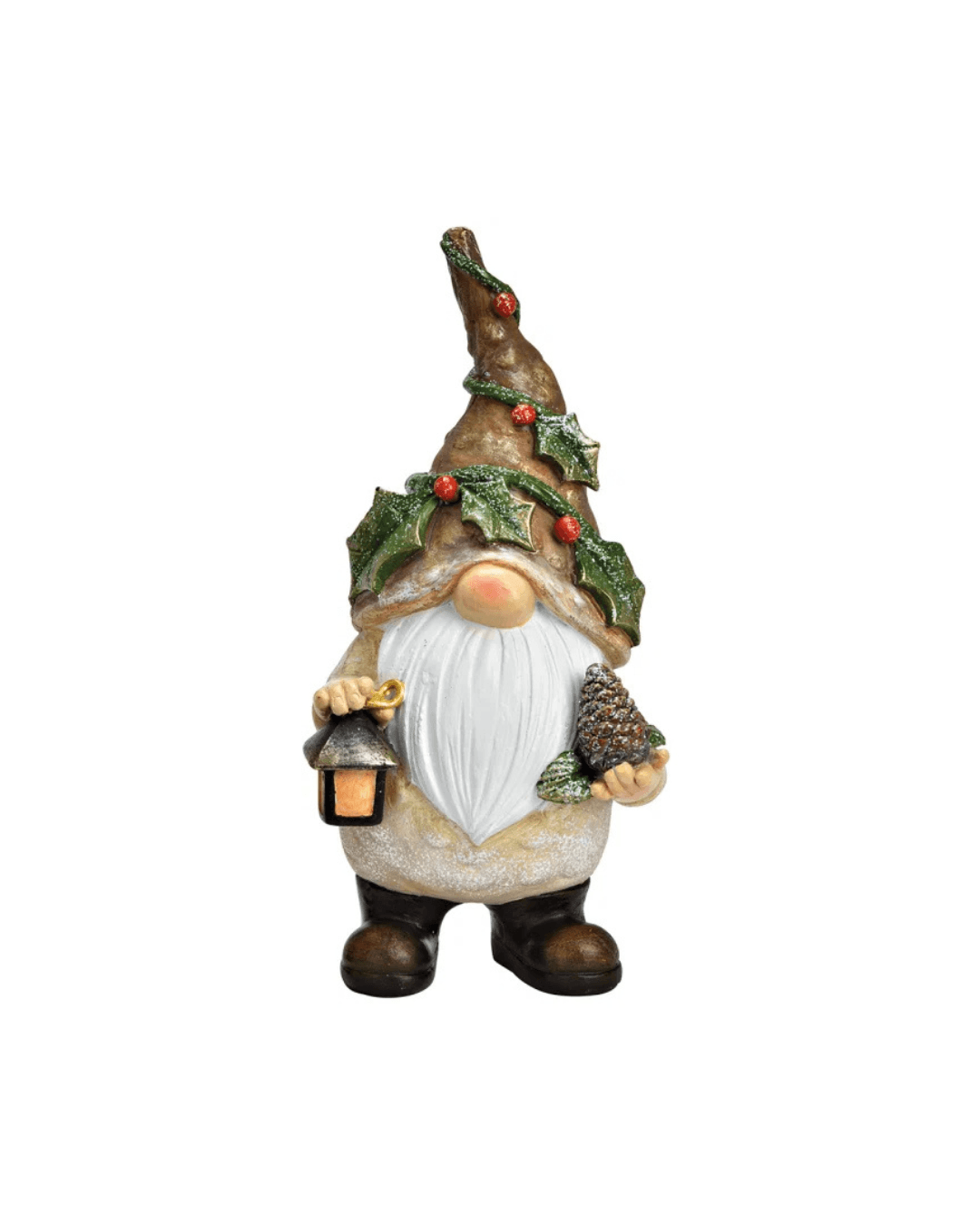 Decorative gnome figure with a hat, lantern, and pinecones on a white background