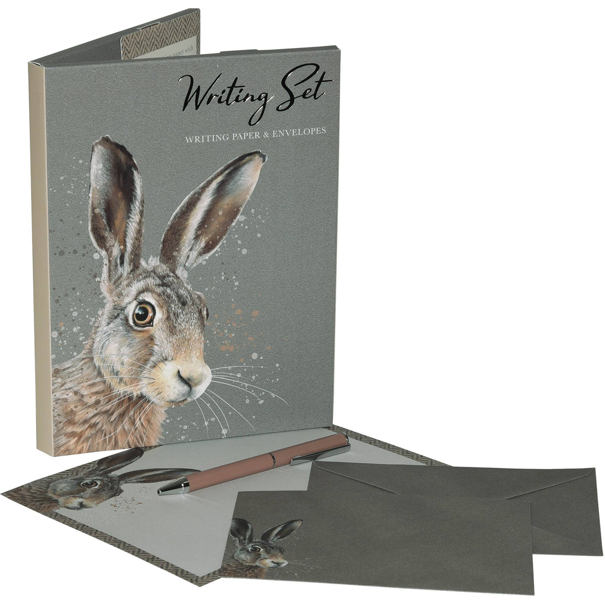 Writing set with rabbit design on a white background