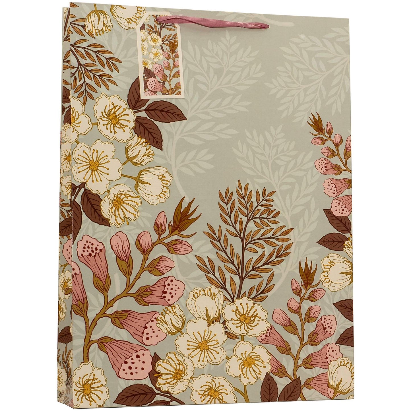 A decorative gift bag with a floral pattern, featuring cream and pink flowers with brown leaves on a muted sage green background. It has a pink paper handle and a small hanging label.