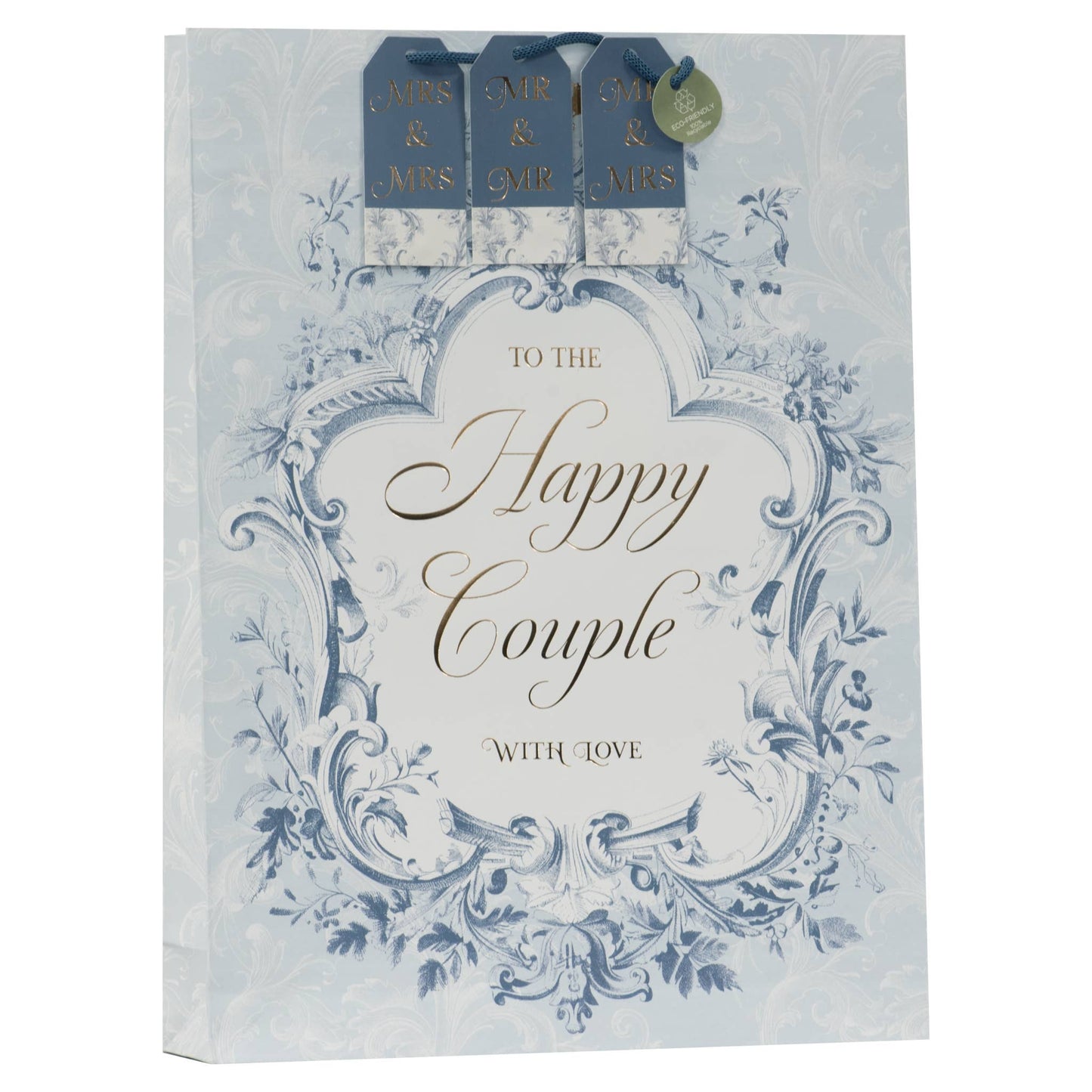 A square gift bag with a vintage-style blue and white floral design, featuring the text 'TO THE Happy Couple WITH LOVE' in elegant script. The top of the bag includes three blue gift tags reading 'AIR & MRS.