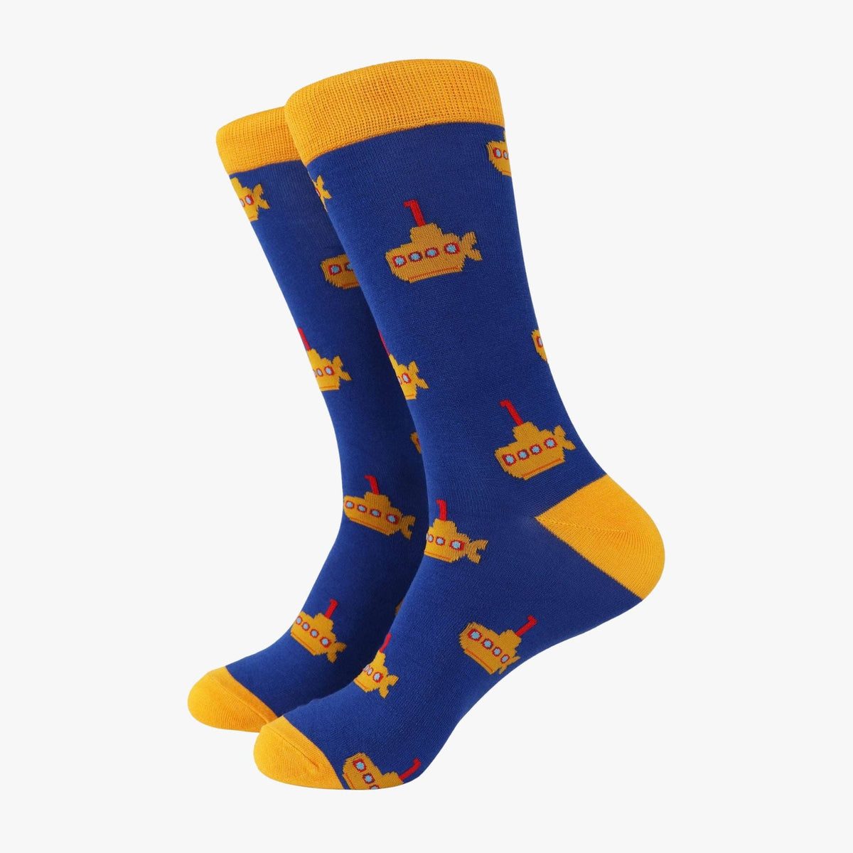 Blue socks with yellow accents and submarine pattern on a white background