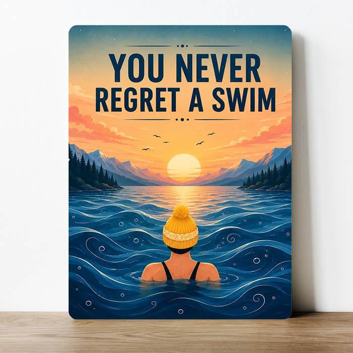A vertical wall art print leaning against a white wall on a light wood surface, featuring an illustrated swimmer in blue water at sunset with the text 'YOU NEVER REGRET A SWIM'.