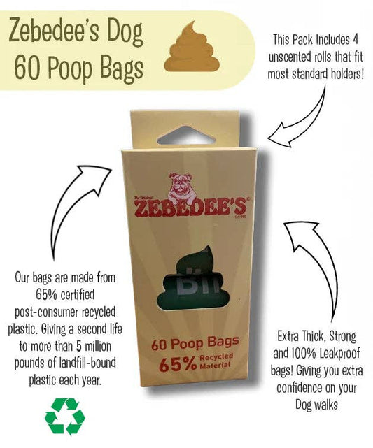 Box of Zebedee's Dog Poop Bags with text highlighting features and benefits.