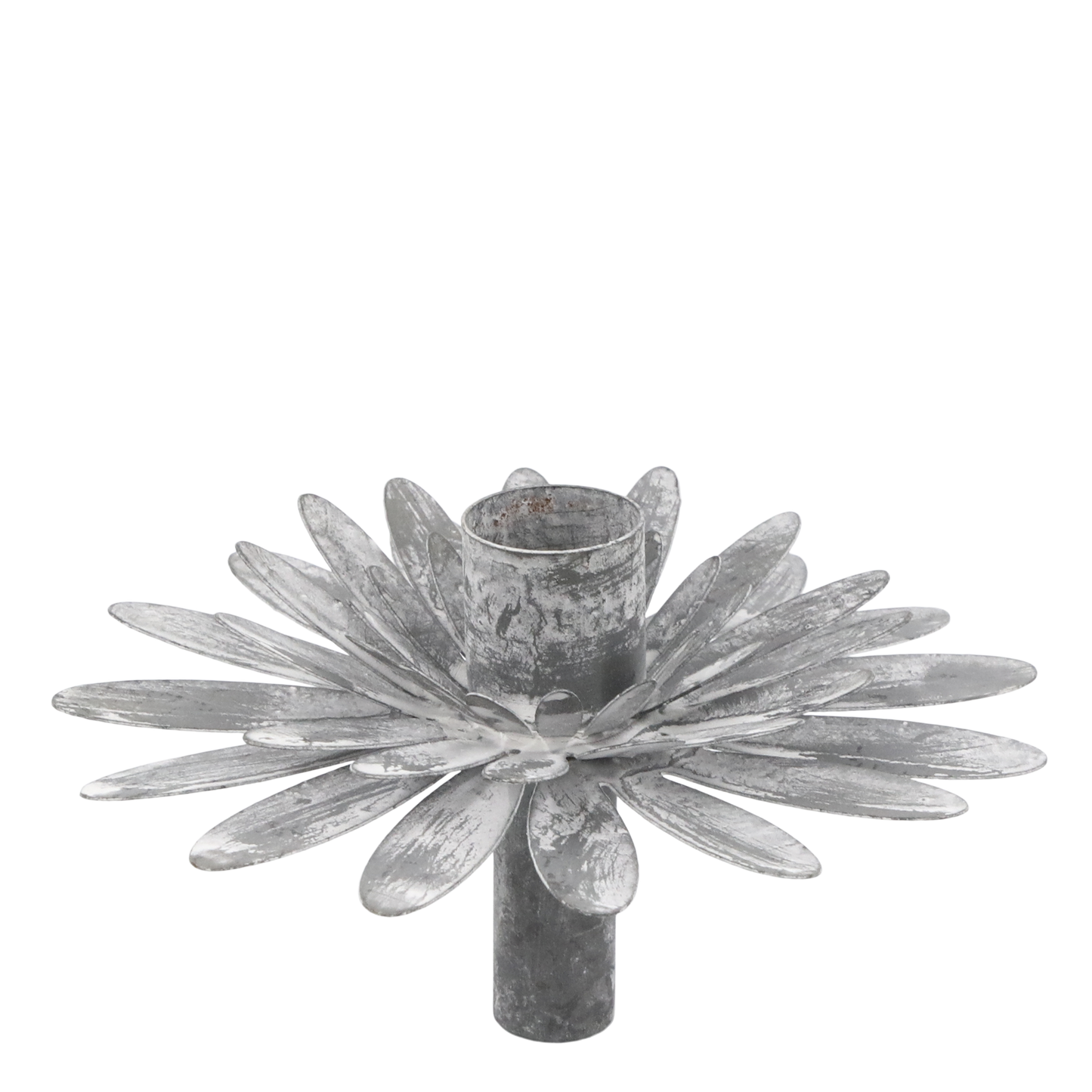 Decorative metal candle holder with a floral design on a white background
