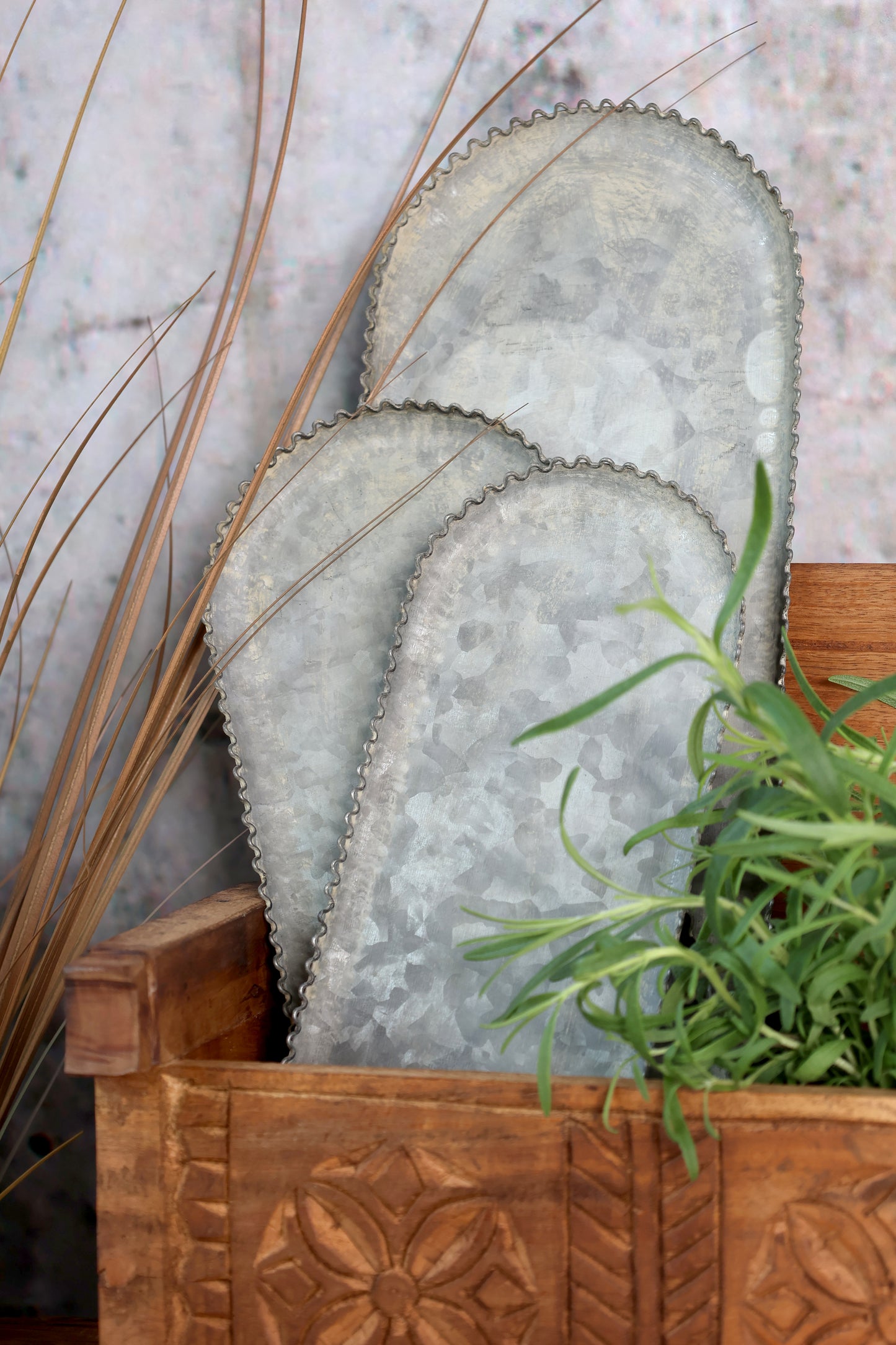 Two metallic decorative plates on a wooden stand with plants