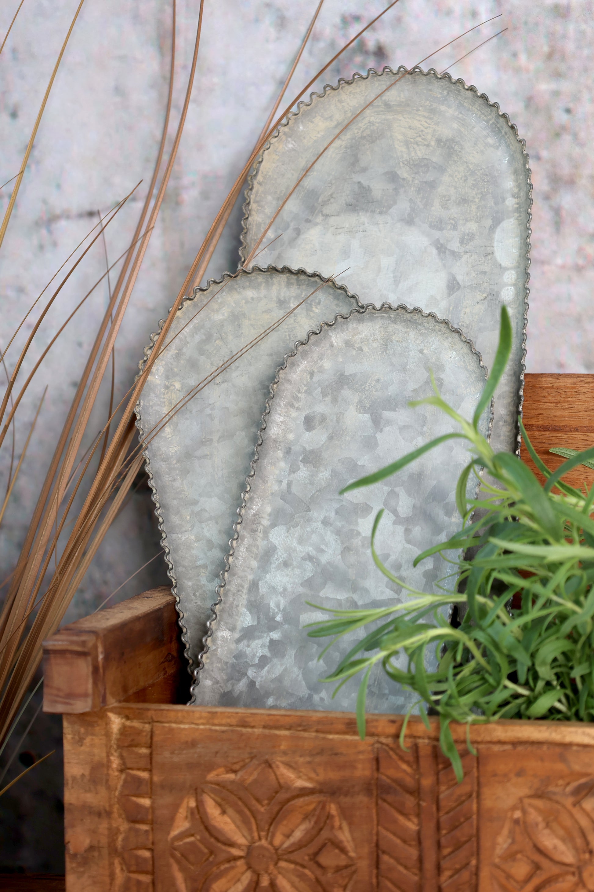 Two metallic decorative plates on a wooden stand with plants