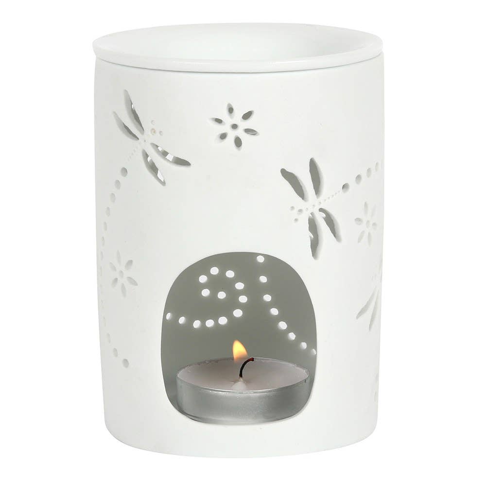 Dragonfly cut-out oil burner and wax warmer with tealight glowing inside