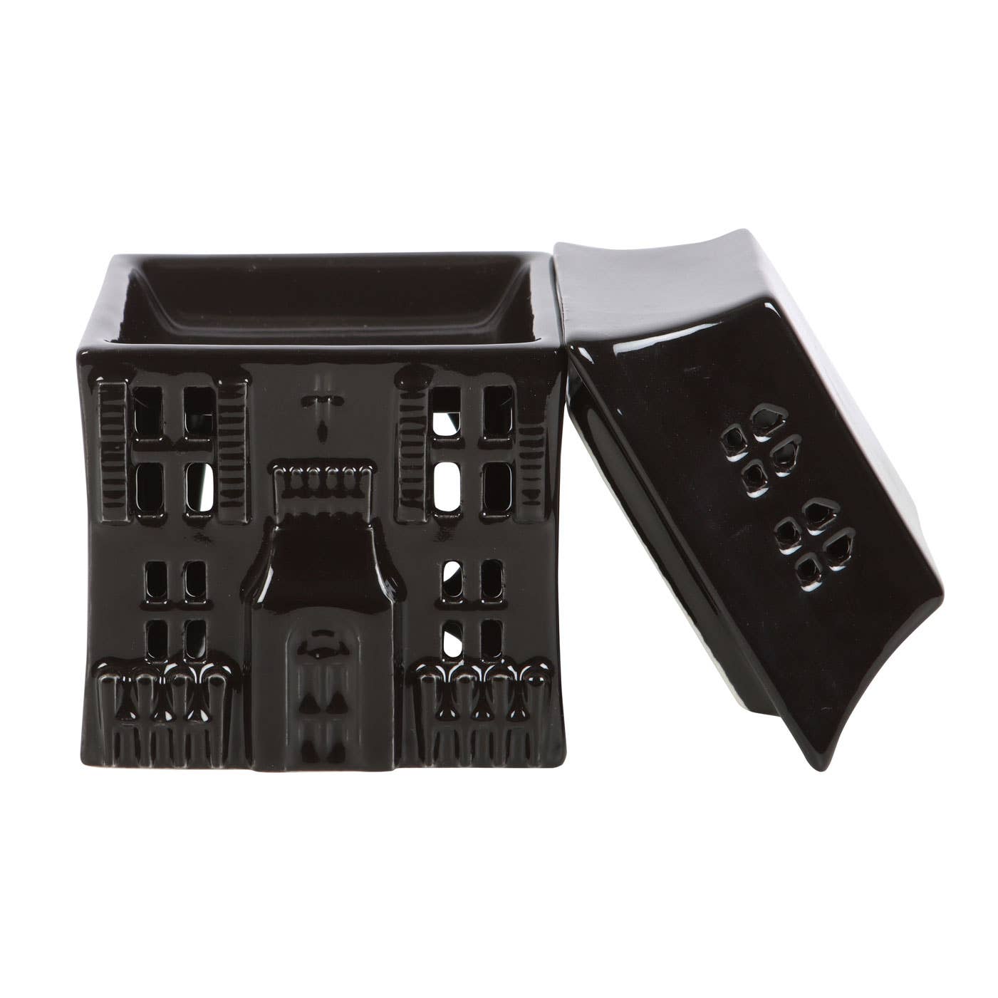 Ceramic black gothic house wax or oil burner. Front view with roof lid off