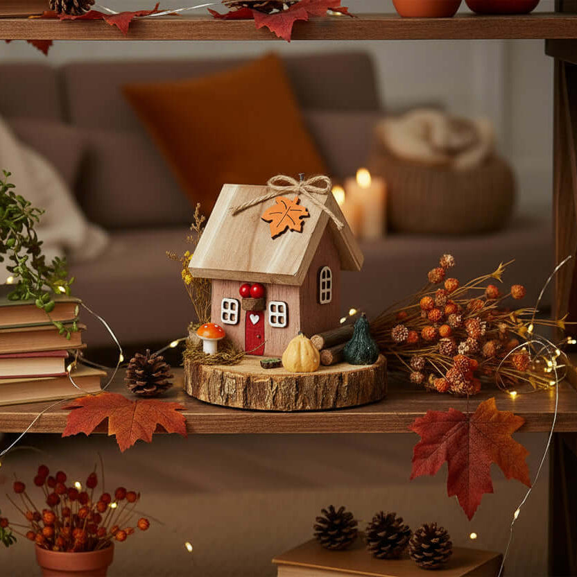 Wooden decorative house with a leaf on top, surrounded by autumn-themed items on a shelf