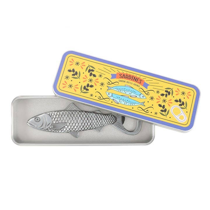 Sardine Bottle Opener in Storage Tin on white background