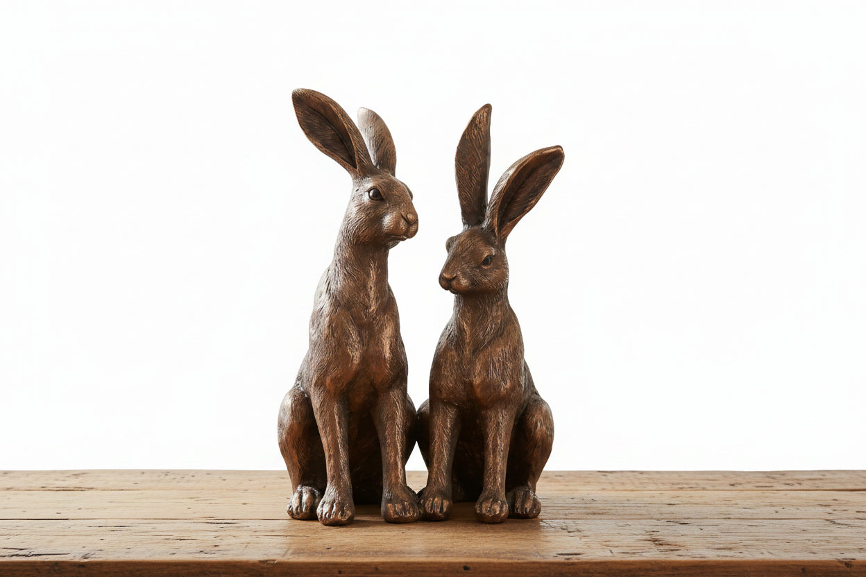 Two bronze-finished rabbit sculptures sitting side by side on a wooden console table, with a potted fern on the left and a stack of books on the right, in a softly lit interior setting.