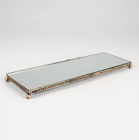 Long Rectangular Mirrored Tray With Gold Bead Edge