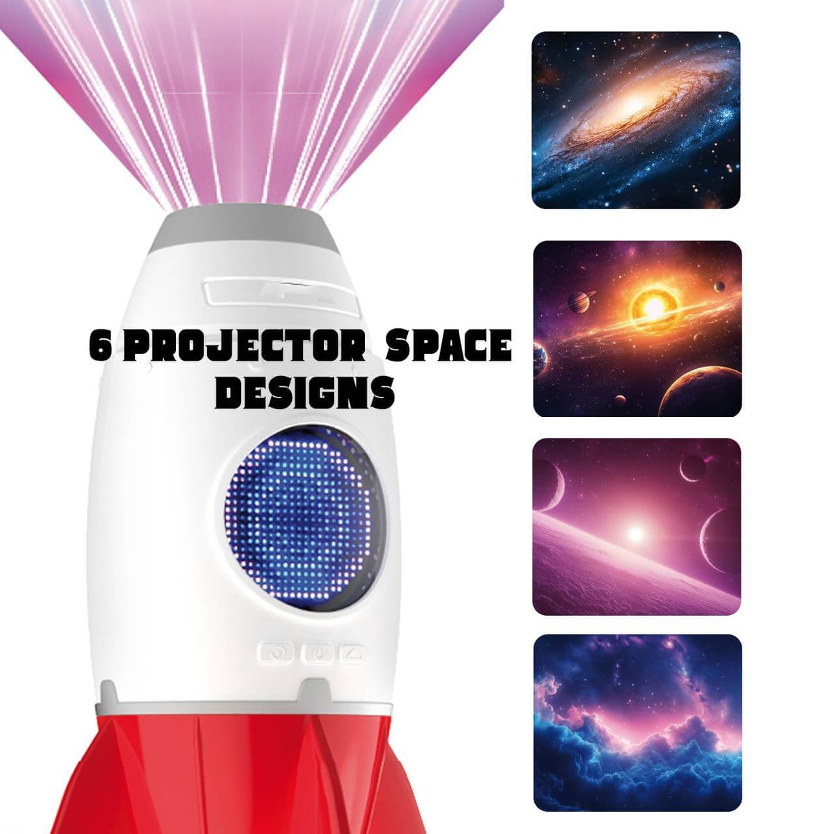 Rocket bedside projector light with examples of its six space projections