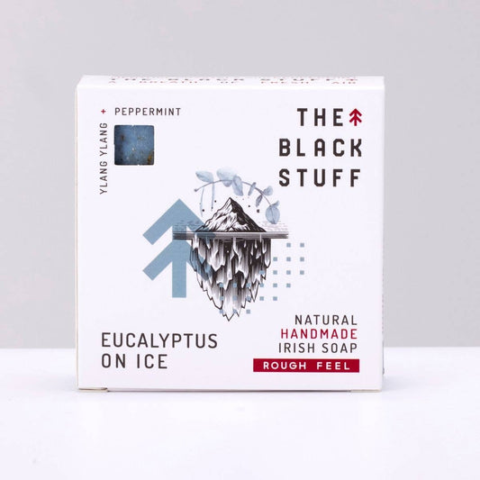 Image of The Black Stuff Natural Soap Eucalyptus on Ice scent sitting on a shelf boxed