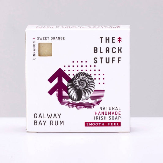 Image of The Black Stuff Natural Soap Galway Bay Rum scent sitting on a shelf boxed