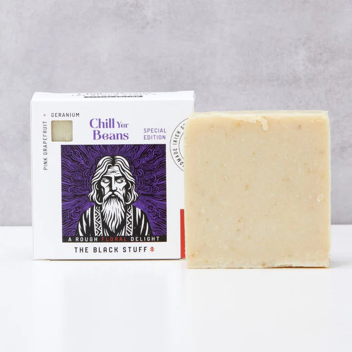 The Black Stuff Natural Soap - Chill Yer Beans - Limited Edition Soap beside the box