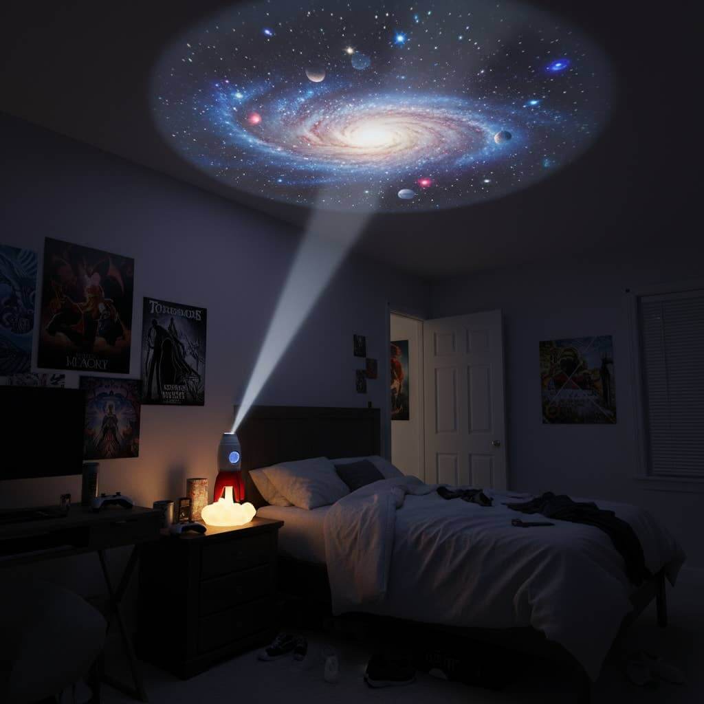 Rocket bedside light projecting a galaxy scene across a dark bedroom ceiling