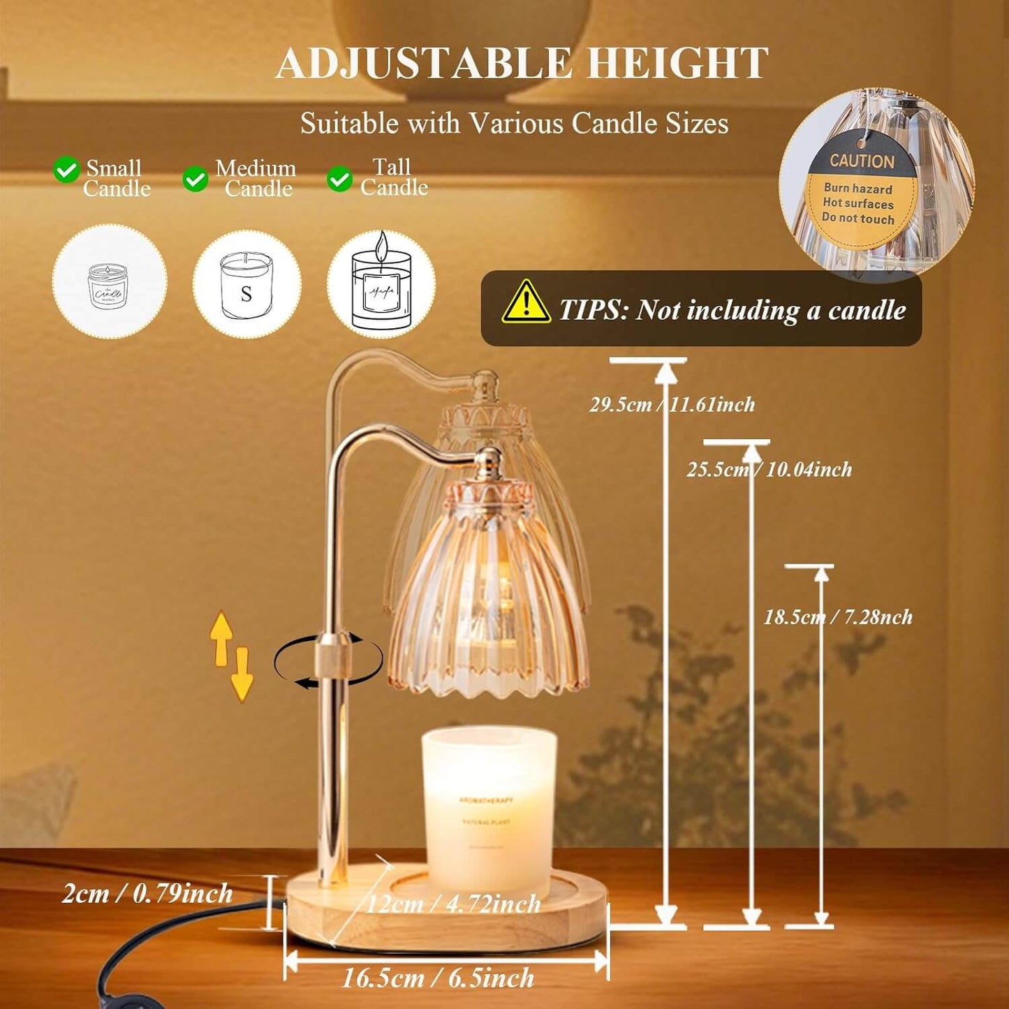Adjustable height candle holder with measurements and safety warning on a wooden surface.