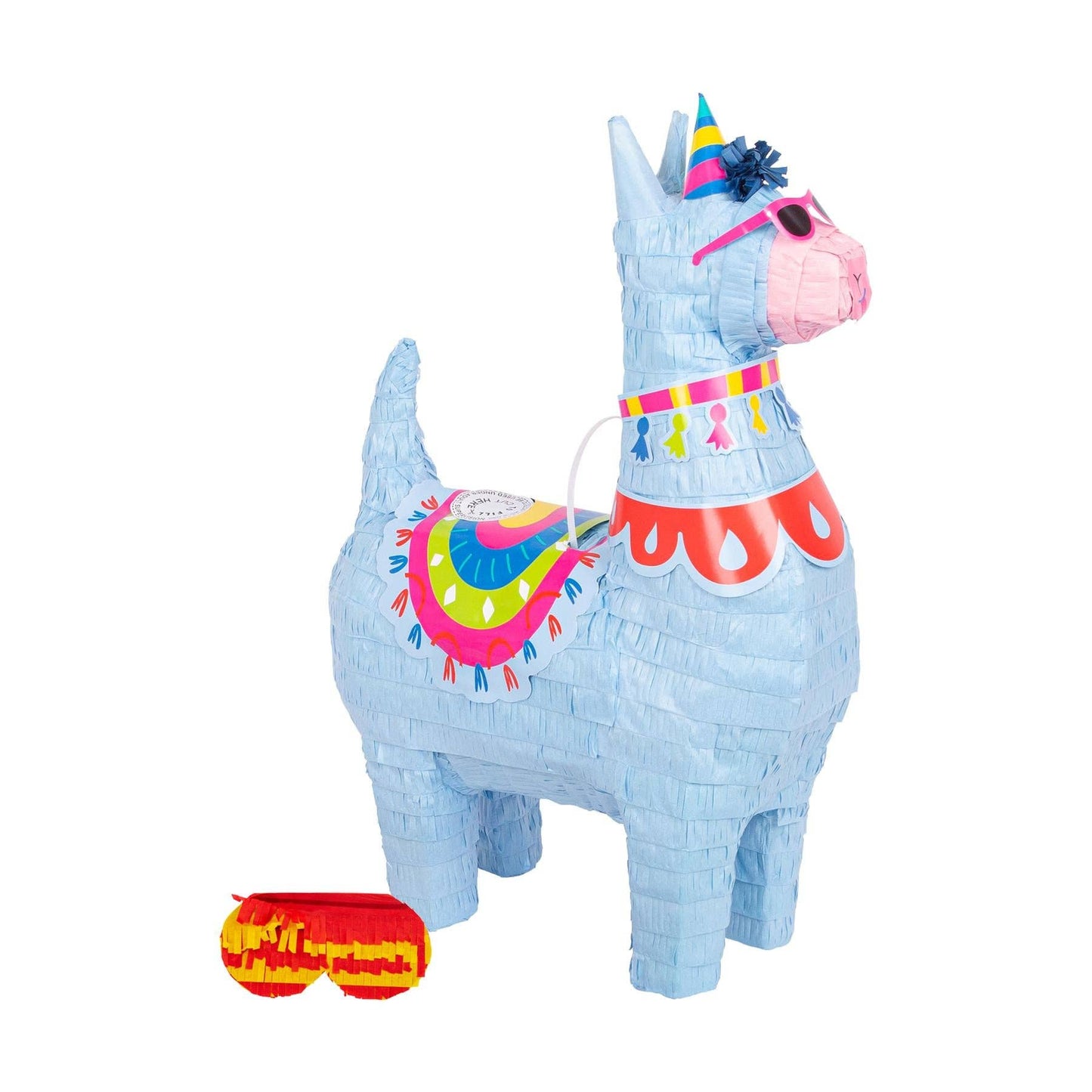 A colorful llama-shaped pinata with a party hat and shades, made from cardboard