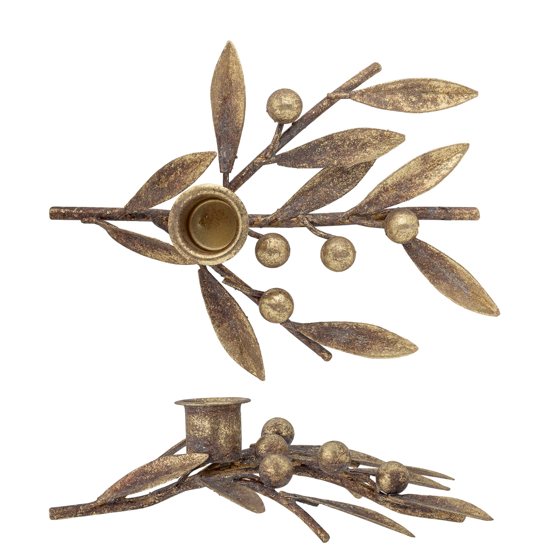 Decorative gold coloured metal candle holder with leaf and berry design on a white background