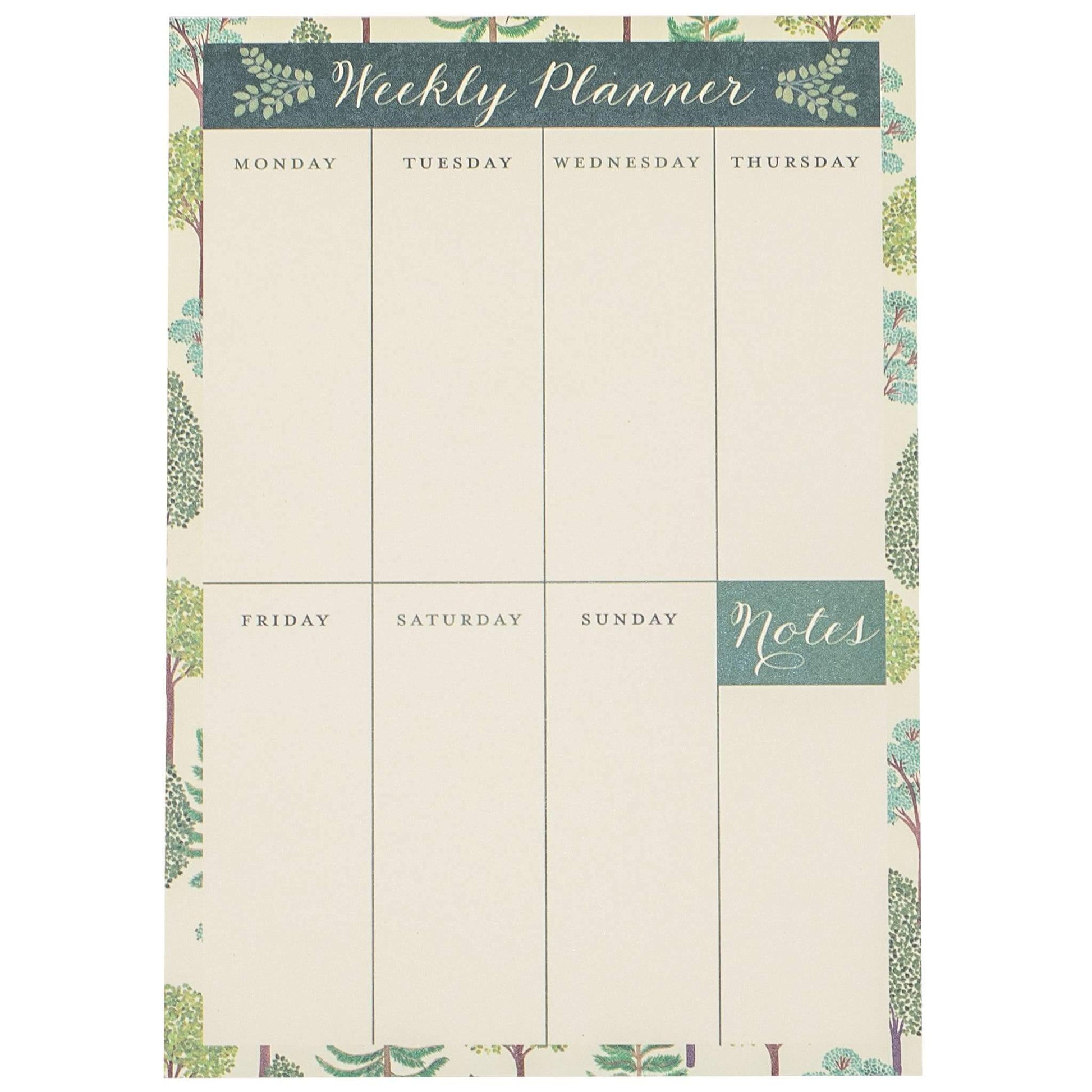 Weekly planner with nature-themed design on a white background