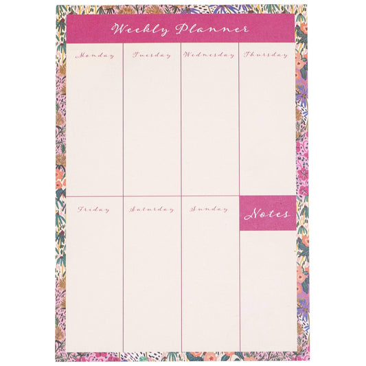 Weekly planner with floral border and pink accents on a white background